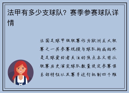 法甲有多少支球队？赛季参赛球队详情